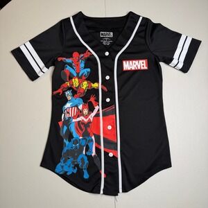 Marvel Avengers Black Baseball Jersey Mens Medium Spider-Man Iron Man Button Up